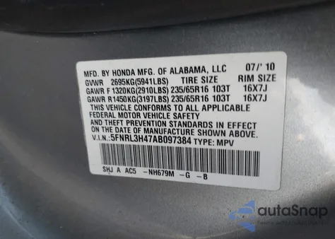 2010 Honda Odyssey Ex z USA, uszkodzony, nr VIN 5FNRL3H47AB097384